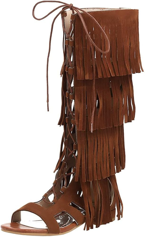 KISSASA Womens Fringe Lace Up Knee High Flat Gladiator Caged Low Heel Tassel Sandals | Amazon (US)