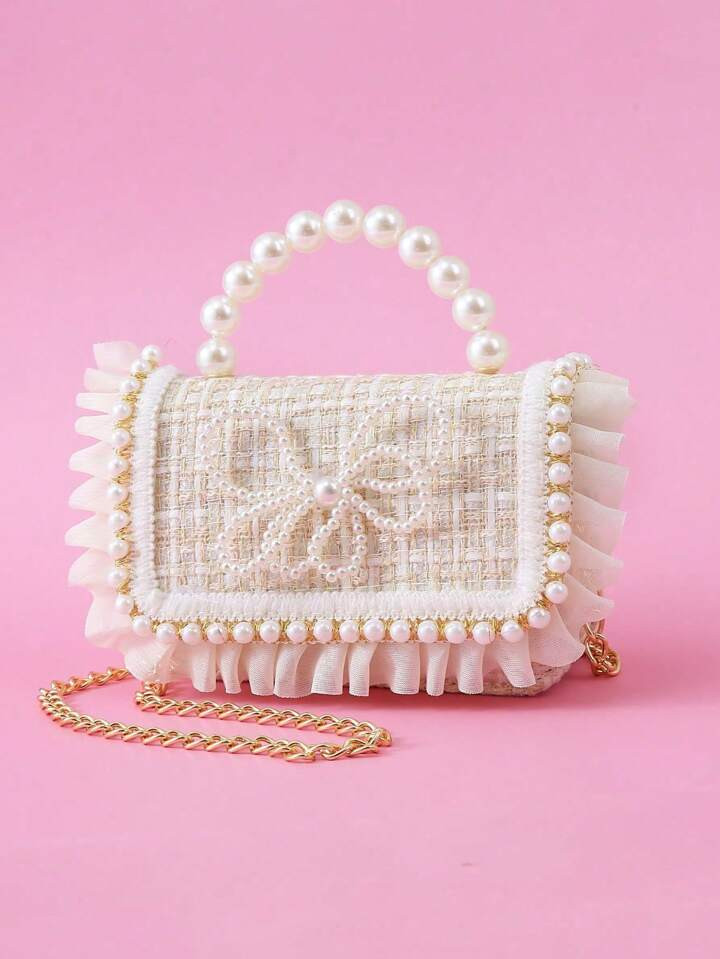 1pc Mini Girls' Woven Pearl, Bowknot And Lace Decor Striped Pattern PU Material Flip Buckle Closu... | SHEIN