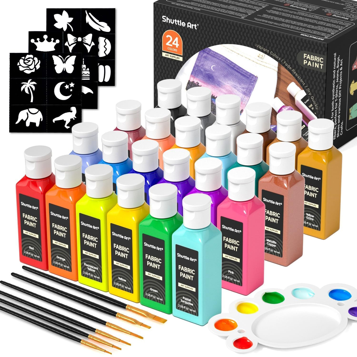 Shuttle Art 24 Colors Fabric Paint, 60ml/2oz Bottles, Permanent Soft Fabric Paint for Clothes wit... | Amazon (US)