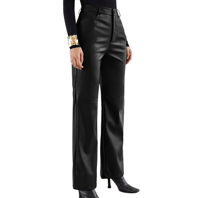 Women High Waist Leather Pants Straight Slimming Side Pockets Wide Leg PU Legging Solid Color Cas... | Walmart (US)