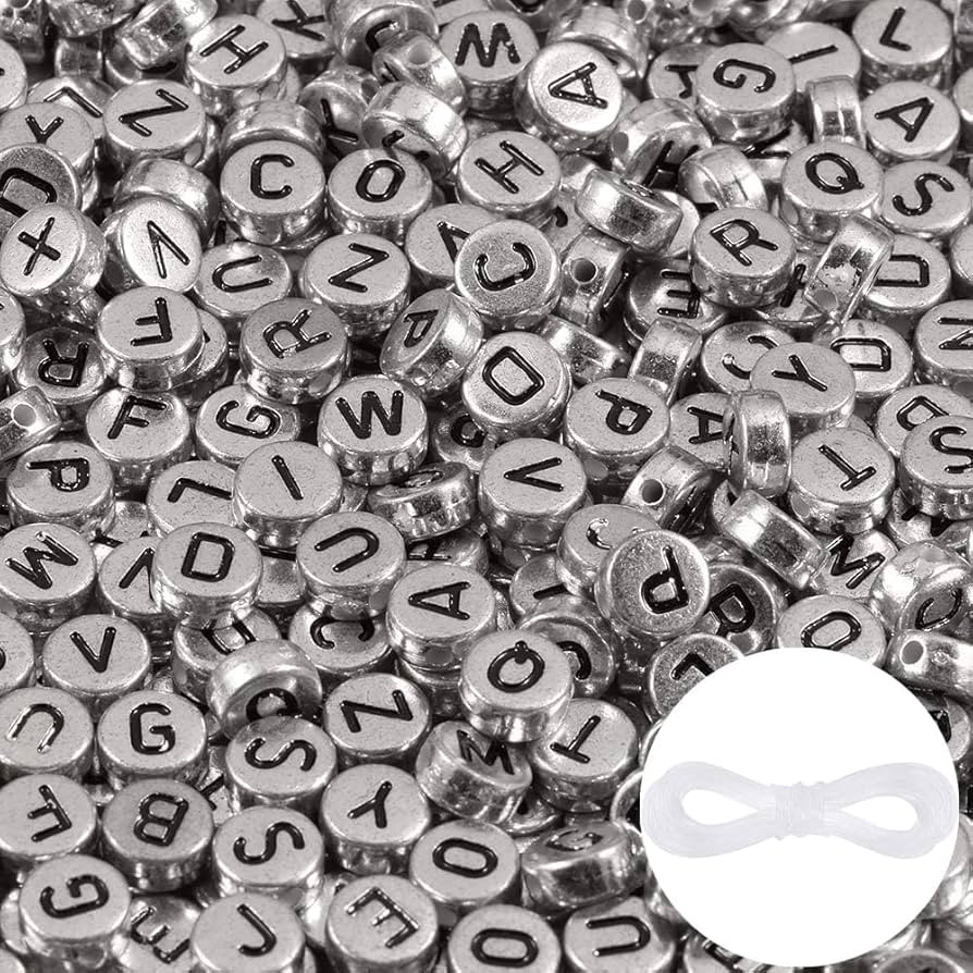 1000pcs Silver Letter Beads for Bracelets, 4x7mm Black Alphabet A-Z Beads Friendship Bracelets Je... | Amazon (US)