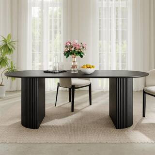 Oval Black Wooden Solid Wood 79 in. Double Pedestal Base Dining Table Seats-8 | The Home Depot