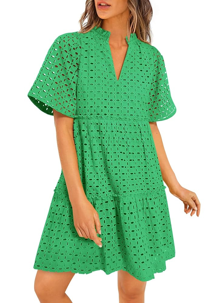 PRETTYGARDEN Eyelet Dresses for Women 2025 Summer Short Sleeve V Neck Hollow Out Ruffle A Line Bo... | Amazon (US)
