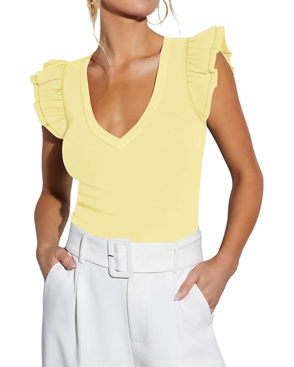 Ezbelle Women's Summer Sleeveless Tops V Neck Ruffle Shirts Ribbed Knit Tank Top Sexy Blouse Ladi... | Amazon (US)