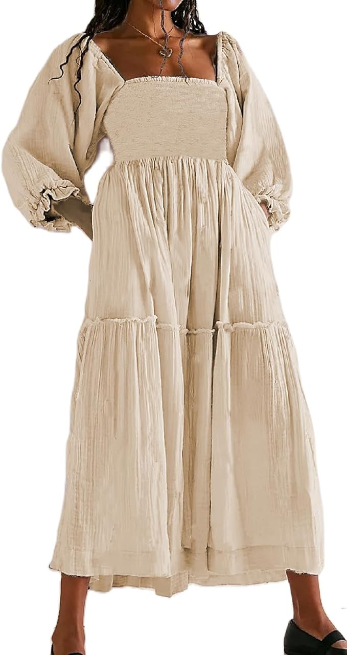 SOOKABEILA Women Casual Boho Maxi Dress Y2k Flowy Swing A Line Long Dress Puff Sleeve Loose Fit T... | Amazon (US)