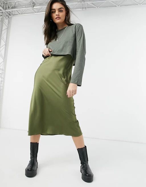 AllSaints Beno long sleeve 2in1 slip satin dress in olive green | ASOS (Global)