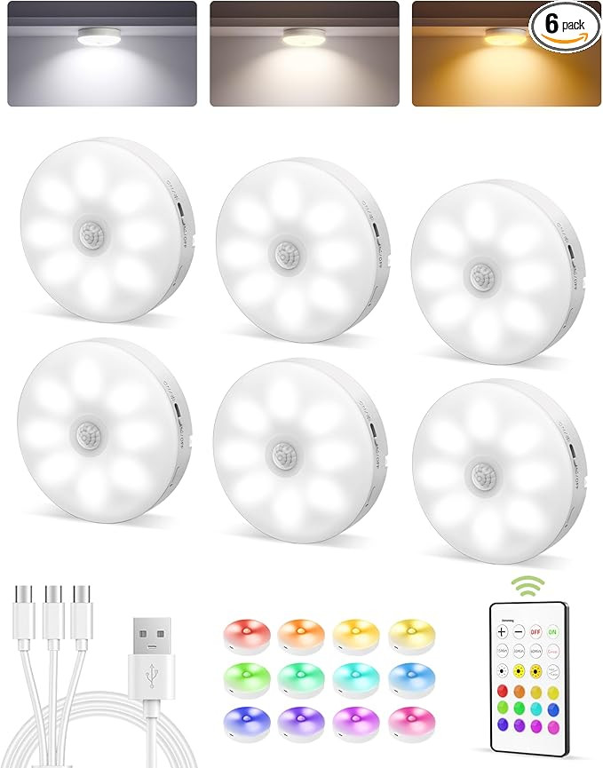 EZVALO 6-Pack Under Cabinet Lighting, Rechargeable Motion Sensor Puck Light with Remote, 3 Color ... | Amazon (US)
