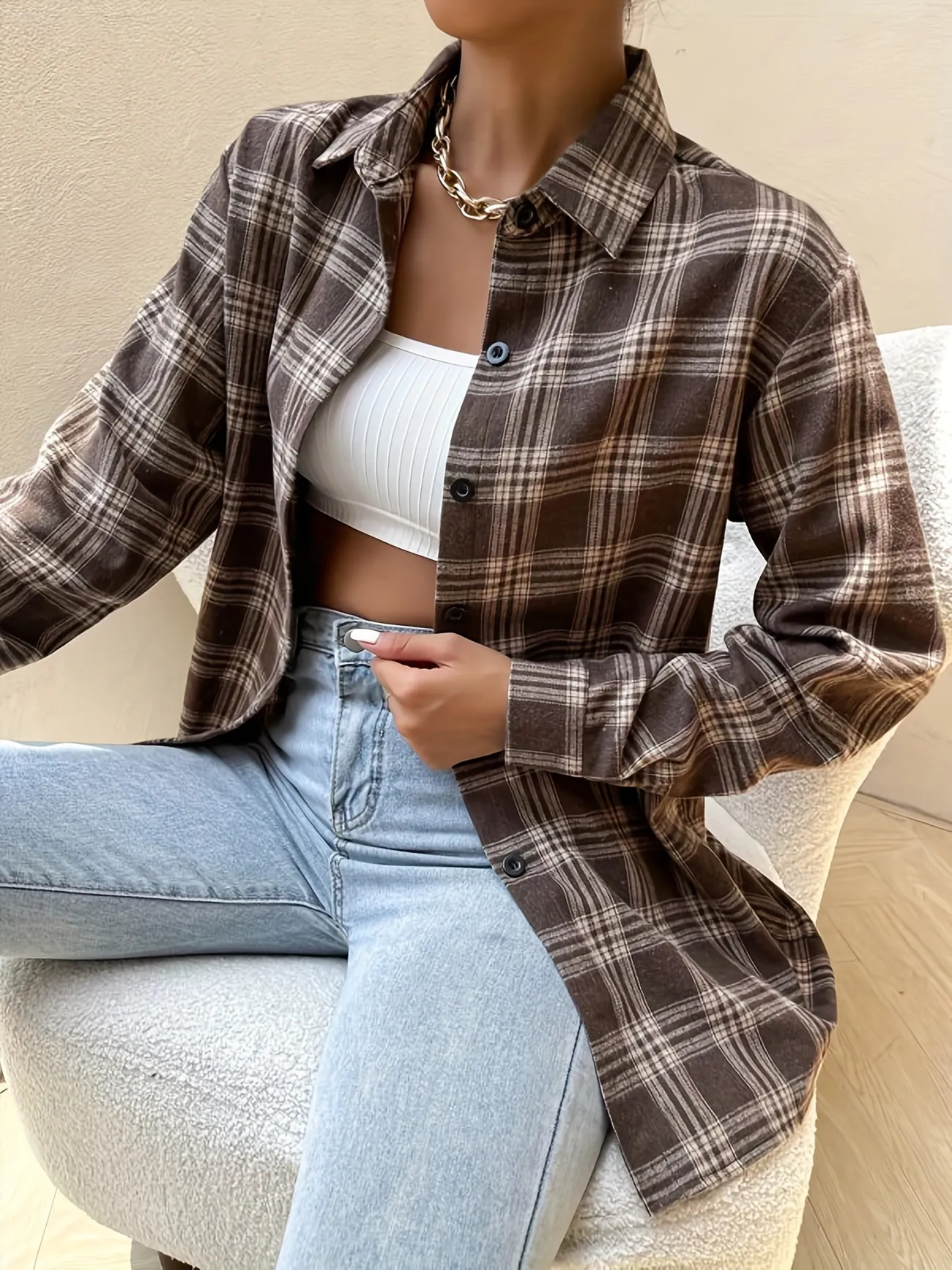 Plaid Button Front Shirt, Casual Long Sleeve Shirt For Work, Women's Clothing | Temu Affiliate Program