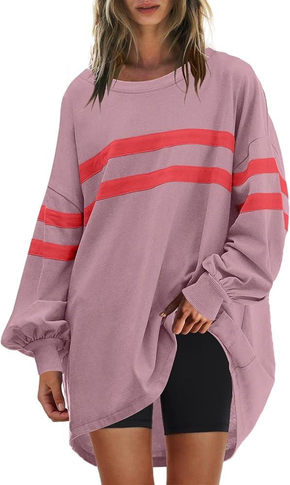 Panadila Womens Oversized Crewneck Sweatshirt Striped Pullover Long Sleeve Tunic Tops to Wear wit... | Amazon (US)