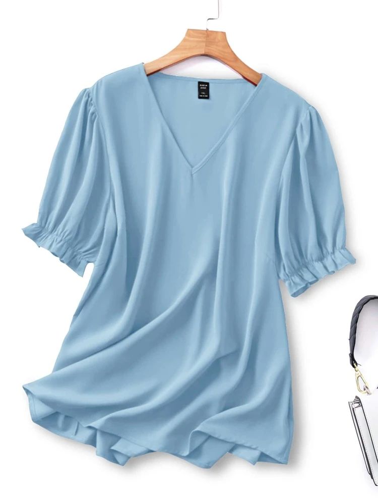 Plus Solid V-neck Flounce Sleeve Blouse | SHEIN