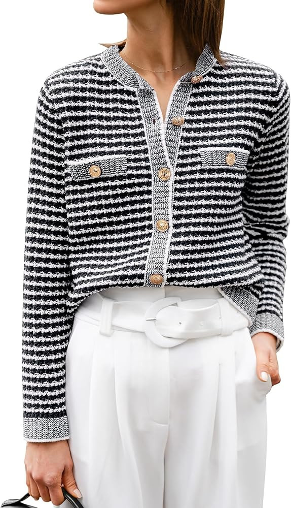 ANRABESS Women's Striped Cardigan Sweaters Knit Open Front Button Down Tweed Jacket Cropped Coat ... | Amazon (US)
