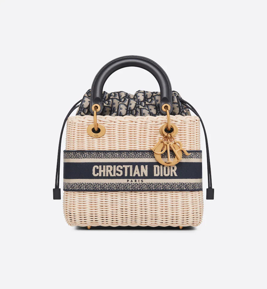 Medium Lady Dior Bag Natural Wicker and Blue Dior Oblique Jacquard | DIOR | Dior Couture
