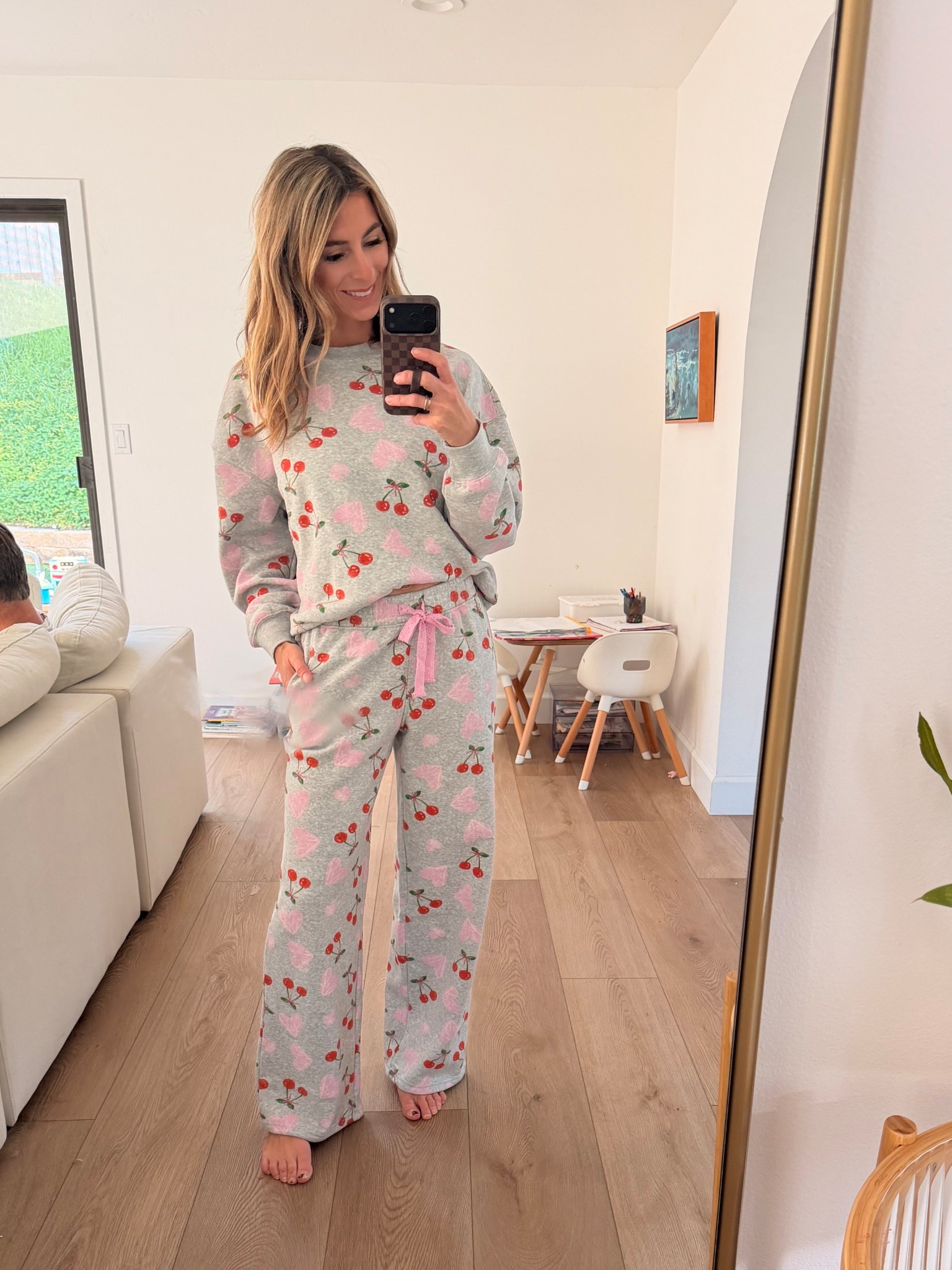 I love the details on these sweats so much! But the fit was too short on me! I’m in an XS. In top & bottom. I love the pink Lacey drawstring & the wide leg fit. Cute colors, & the hearts in cherries! Perfect for a cozy night in for galentines or valentines! But these are an Every day sweat set too!! The bottoms have pockets! 

Wide leg sweats, cherry sweats, grey sweats, sweat set, target, target women’s, target valentines, target galentines, party details, Valentine’s Day party 