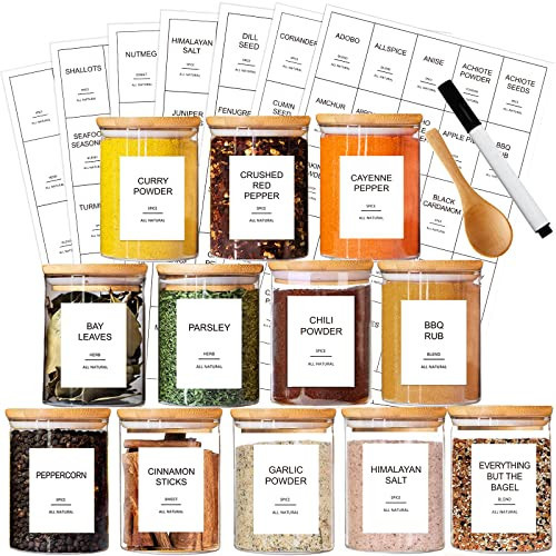 GPOVVIMX 12 Pcs Glass Spice Jars with Bamboo Airtight Lids and 191 Labels - 8.5oz Small Food Storage Containers for Kitchen, Seasoning, Coffee, Herb - Spoon and Marker Included | Amazon (US)