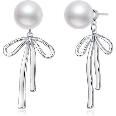 SmallRig Small Pearl Bow Earrings for Women, 925 Sterling Silver & 14K Gold Plated Dainty Dangle | Target