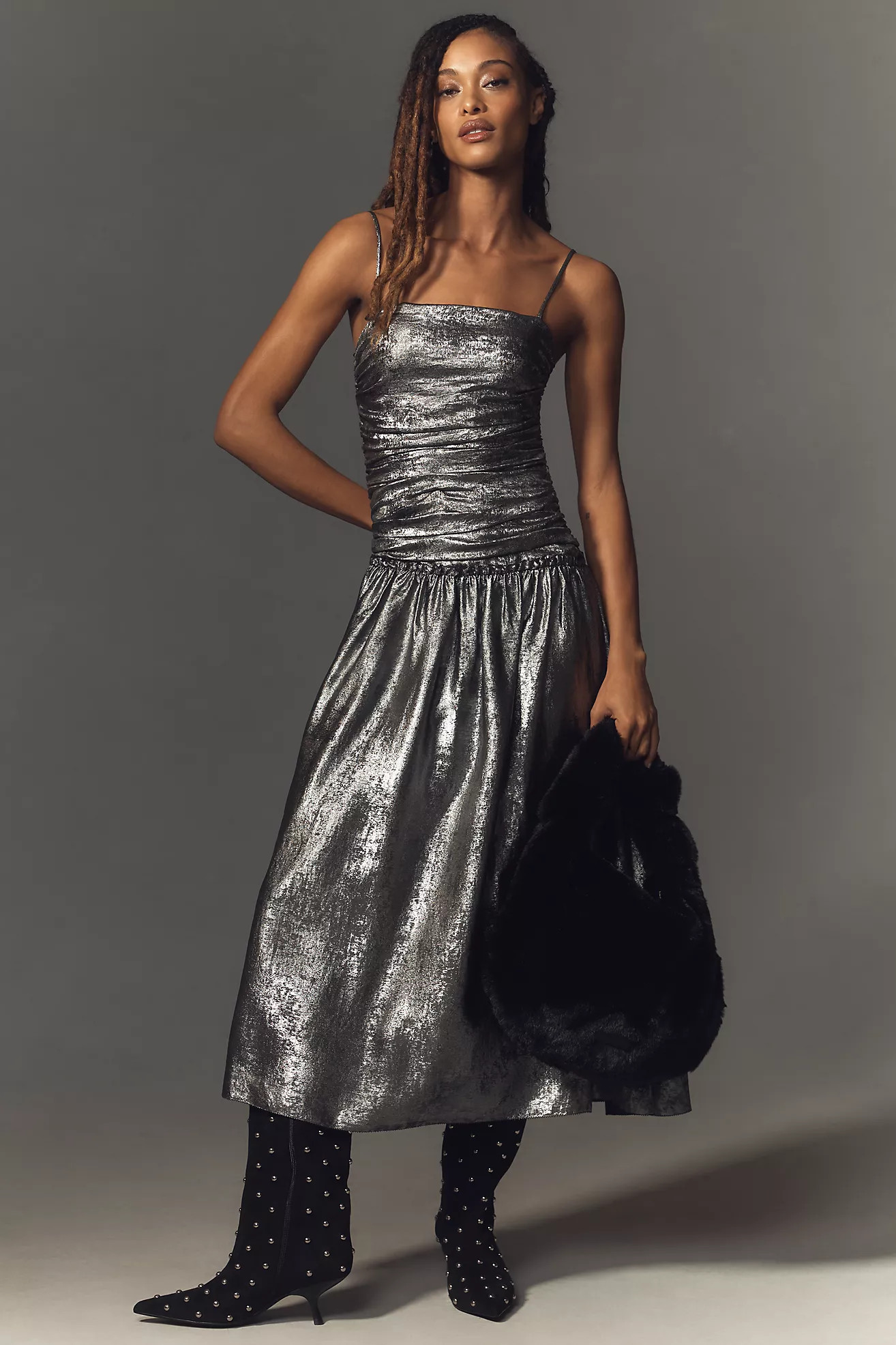 La Maise Studio Ruched Drop-Waist Foil Midi Dress | Anthropologie (US)