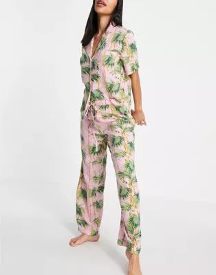 ASOS DESIGN modal palm short sleeve shirt & pants pajama set in pink | ASOS (Global)