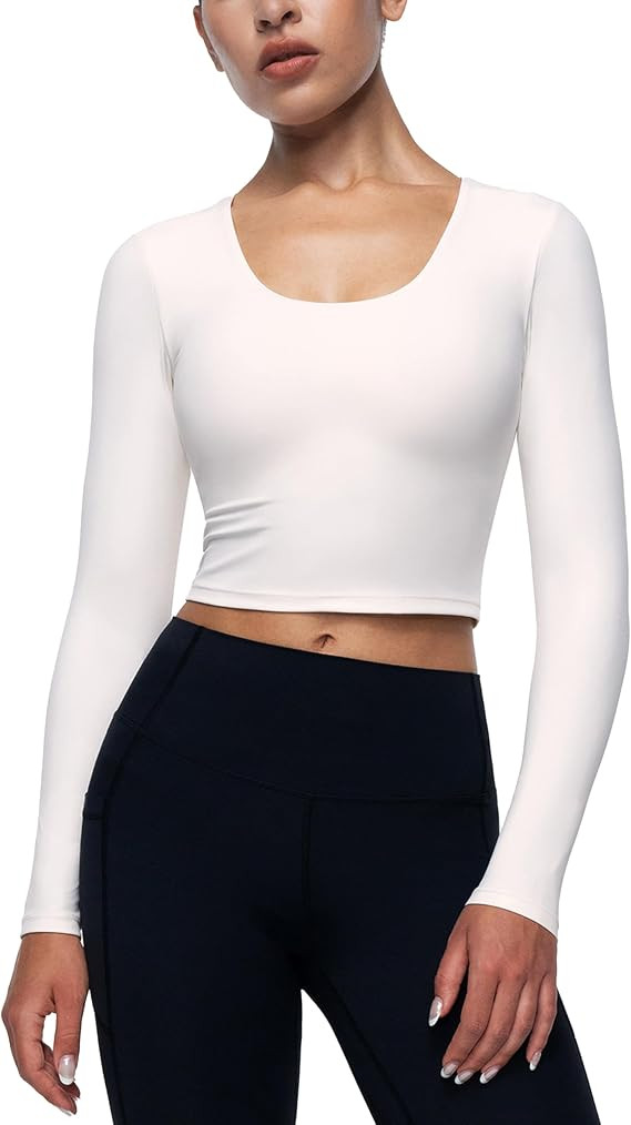 Womens Long Sleeve Shirts Workout Crop Tops Yoga Tee Built in Bra Mild Support Cream Feeling Athl... | Amazon (US)