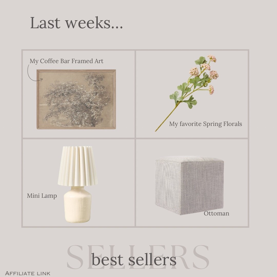 Last Weeks Best Sellers 🤍



#minilamp #ottoman #springstems #floralstems #framedart #coffeebarstyling #springdecor #tablelamp #homedecor #bestsellers 

#LTKSeasonal #LTKHome