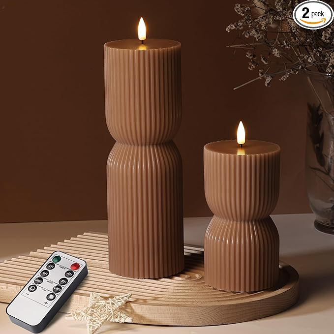 Brown Ribbed Flameless Pillar Candles with Remote, Real Wax Flickering Battery LED Candles Christ... | Amazon (US)