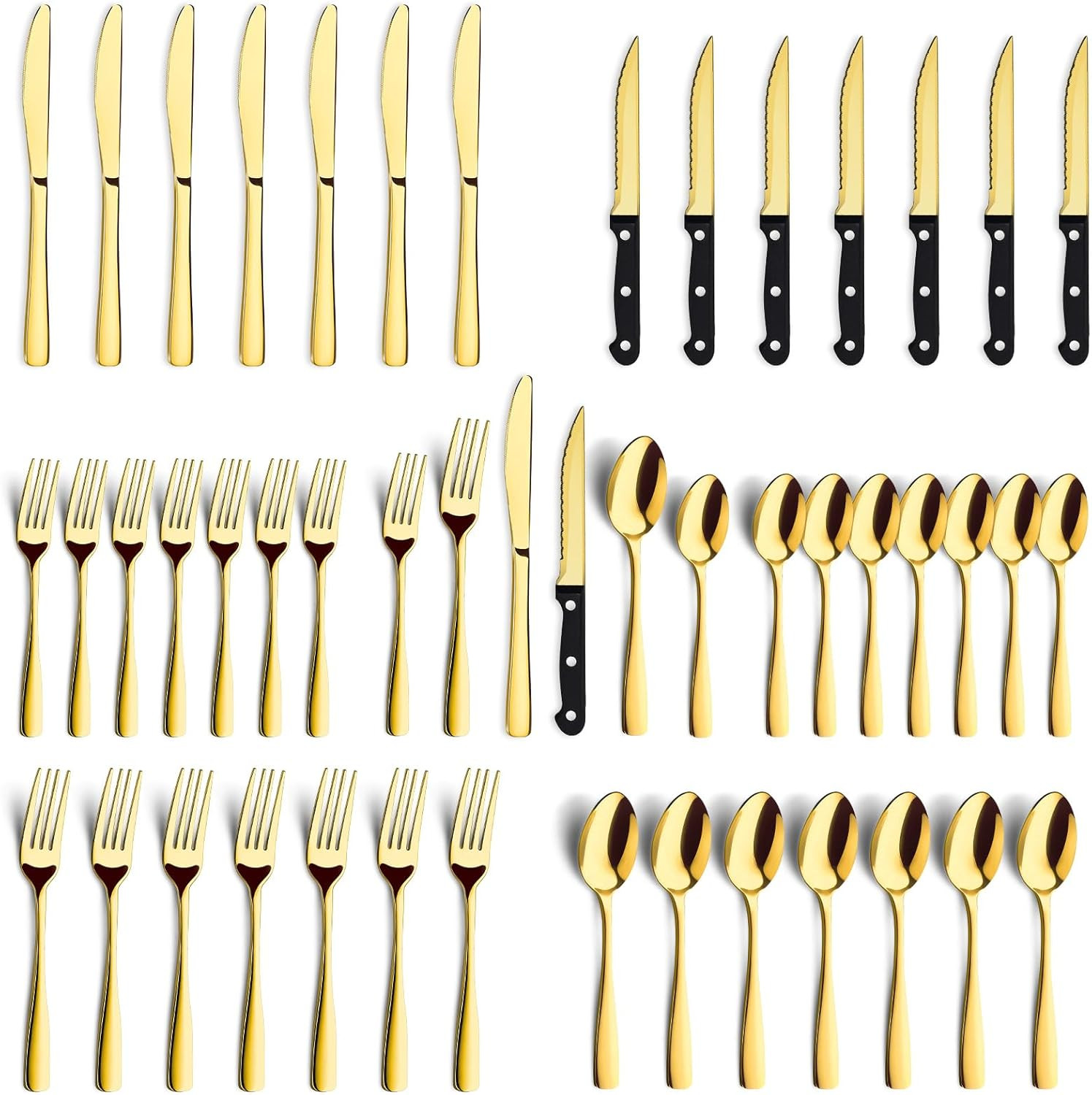BEWOS 48-Pieces Gold Silverware Set for 8 - Stainless Steel Flatware Set with Mirror Polish, Silv... | Amazon (US)