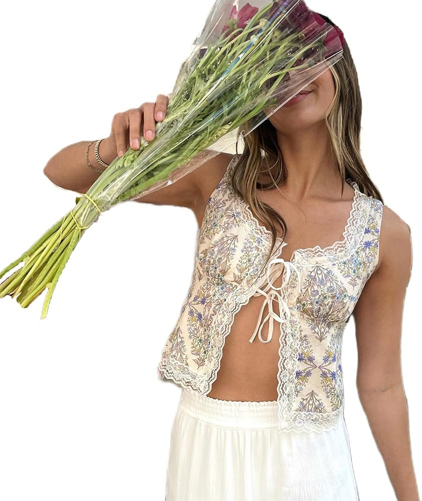 Y2K Front Tie Up Cami Tops for Women Sexy Spaghetti Strap Lace Trim Sheer Mesh Tank Crop Top Summ... | Amazon (US)