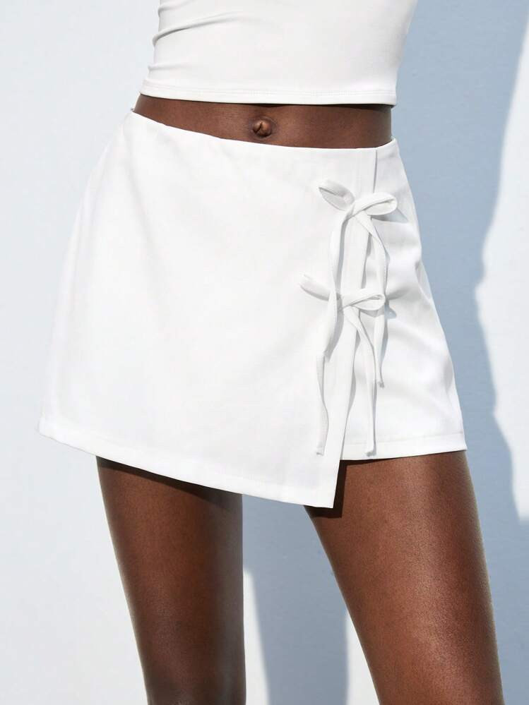 Maija Summer New Chic Elegant Business Casual Graduation Season Brunch Wedding Guest Daily Versatile Asymmetric Hem Tie Side Waist Design Boho Vacation Sexy Mini Skirt/Skort | SHEIN