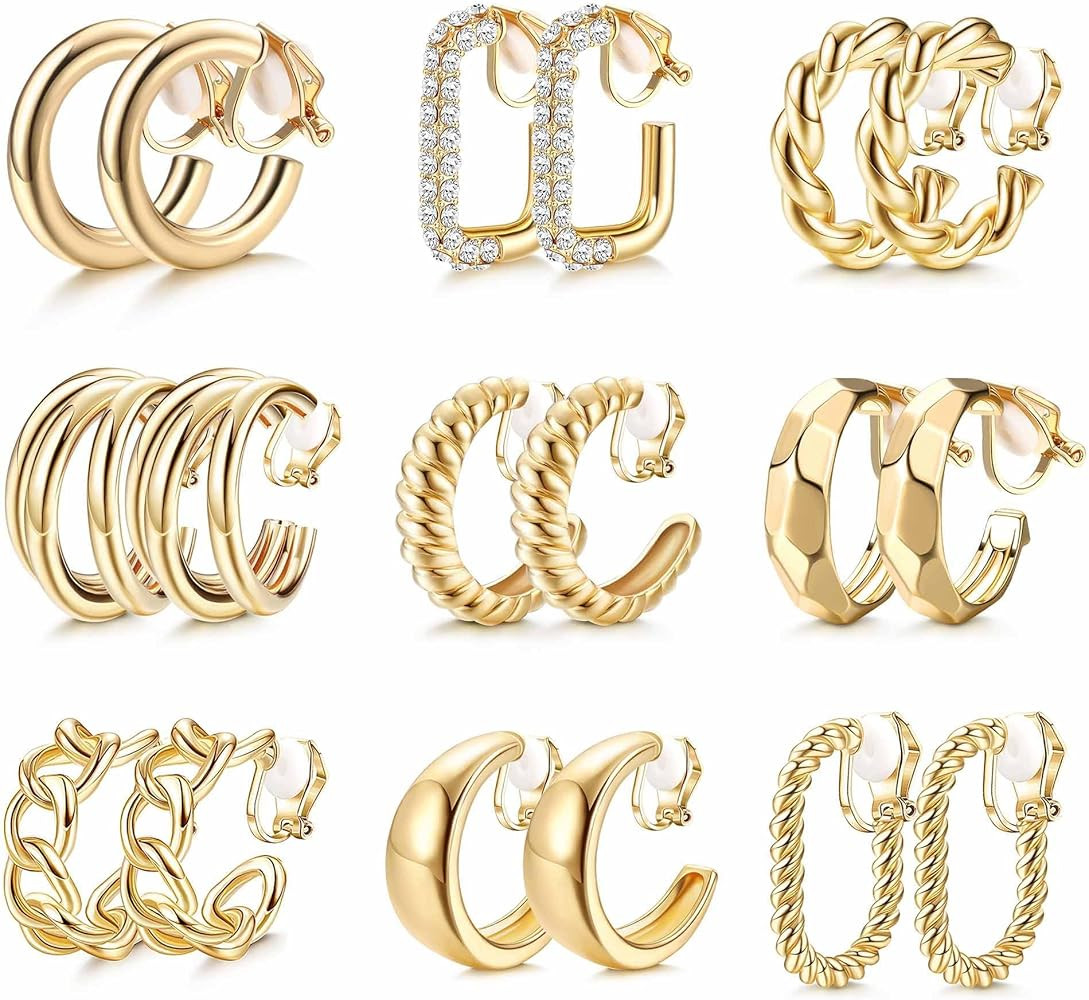 THUNARAZ Gold Clip on Earrings 14K Gold Plated Chunky Hoop Clip Earrings Trendy Clip on Hoop Earr... | Amazon (US)