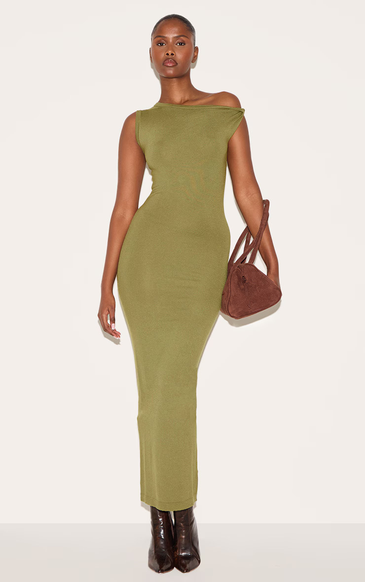 Olive Basic Knit Asymmetric Twist Sleeve Maxi Dress | PrettyLittleThing UK