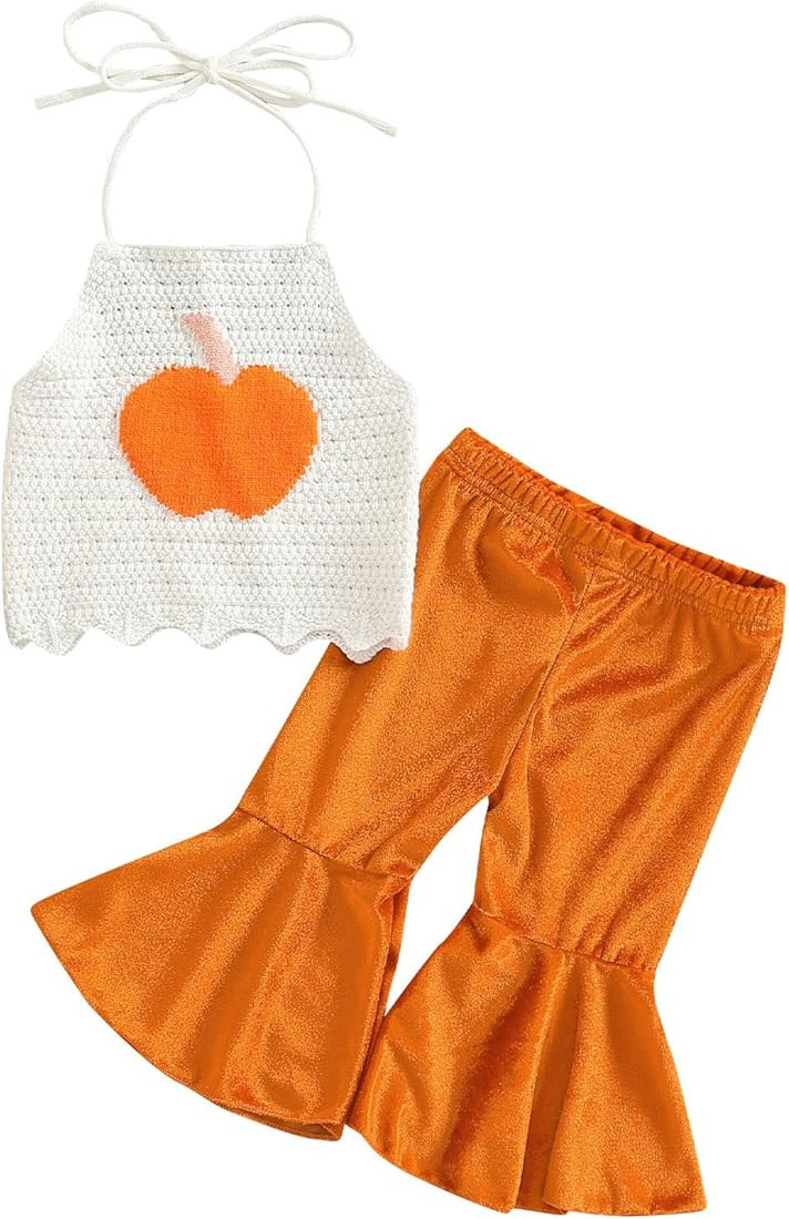 Baby Girl Halloween Clothes Set Long Sleeve Letter Tops Pumpkin Bell-Bottoms Pants with Headband 3Pc | Amazon (US)