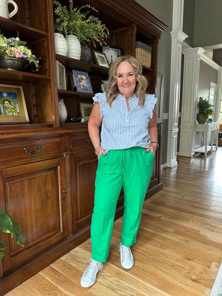 Todays ootd. 

JCREW linen blend joggers. Available in other colors. Wearing a size 14
Top size large. Sweet seersucker. 10% off code NANETTE10 

Shoes are mephisto hgh quality walking sneaker. 

Spring outfit summer blouse seersucker Mother’s Day 

#LTKover40 #LTKfindsunder100 #LTKmidsize