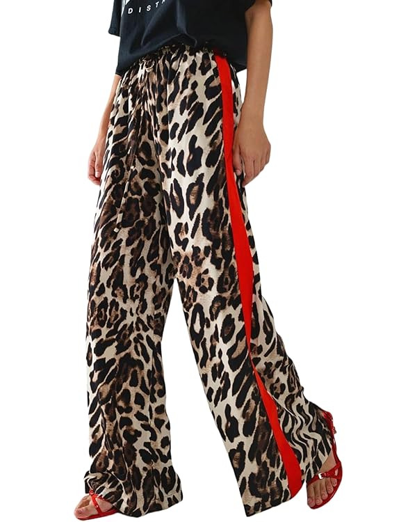 Women's Casual Pants Drawstring Leopard Print Color Block Side Striped Straight Leg Wide Leg Loos... | Amazon (US)