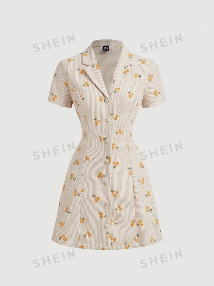 SHEIN MOD Vestido corto de manga corta con cremallera frontal, cuello de solapa, estampado de flo... | SHEIN