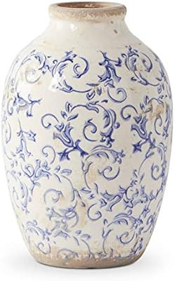 K&K Interiors 15298B-BL-3 10 Inch Vintage Blue and White Ceramic Vase | Amazon (US)