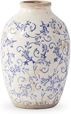 K&K Interiors 15298B-BL-3 10 Inch Vintage Blue and White Ceramic Vase | Amazon (US)