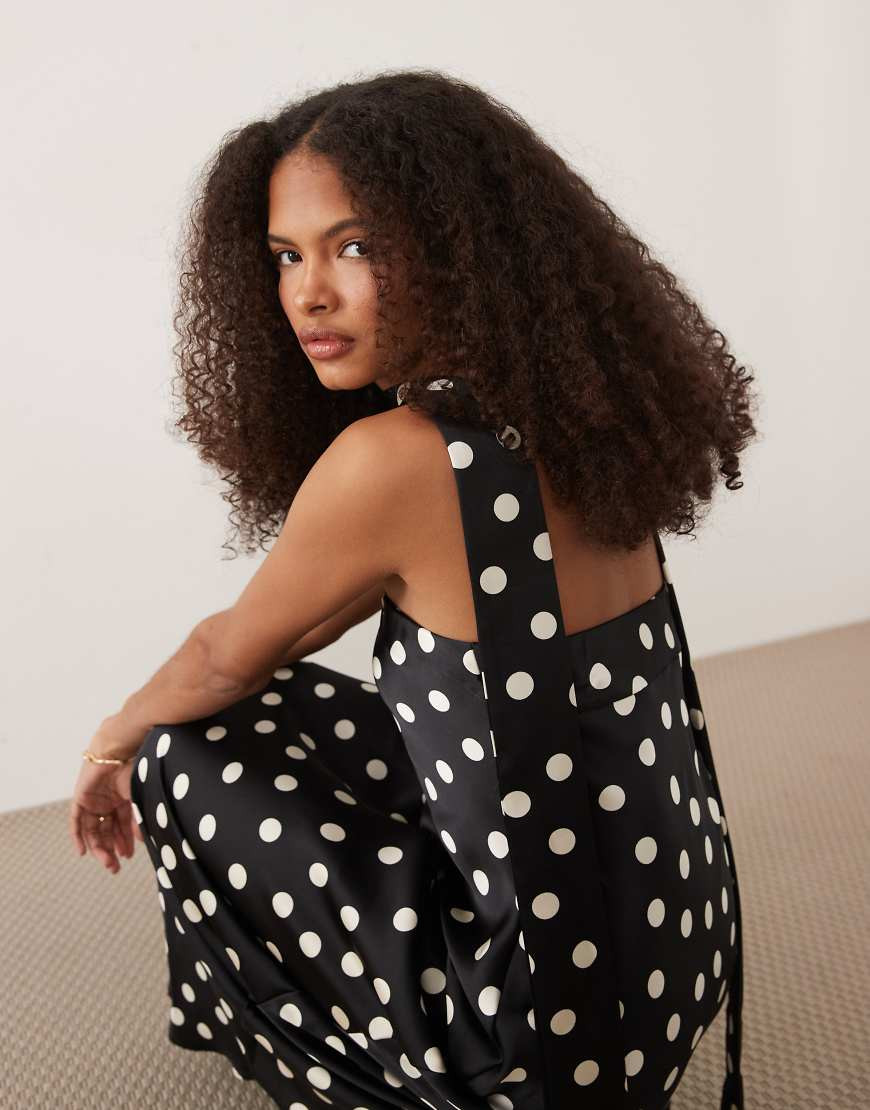 Mango satin off shoulder maxi dress with scarf detail in polka dot-Black | ASOS (Global)