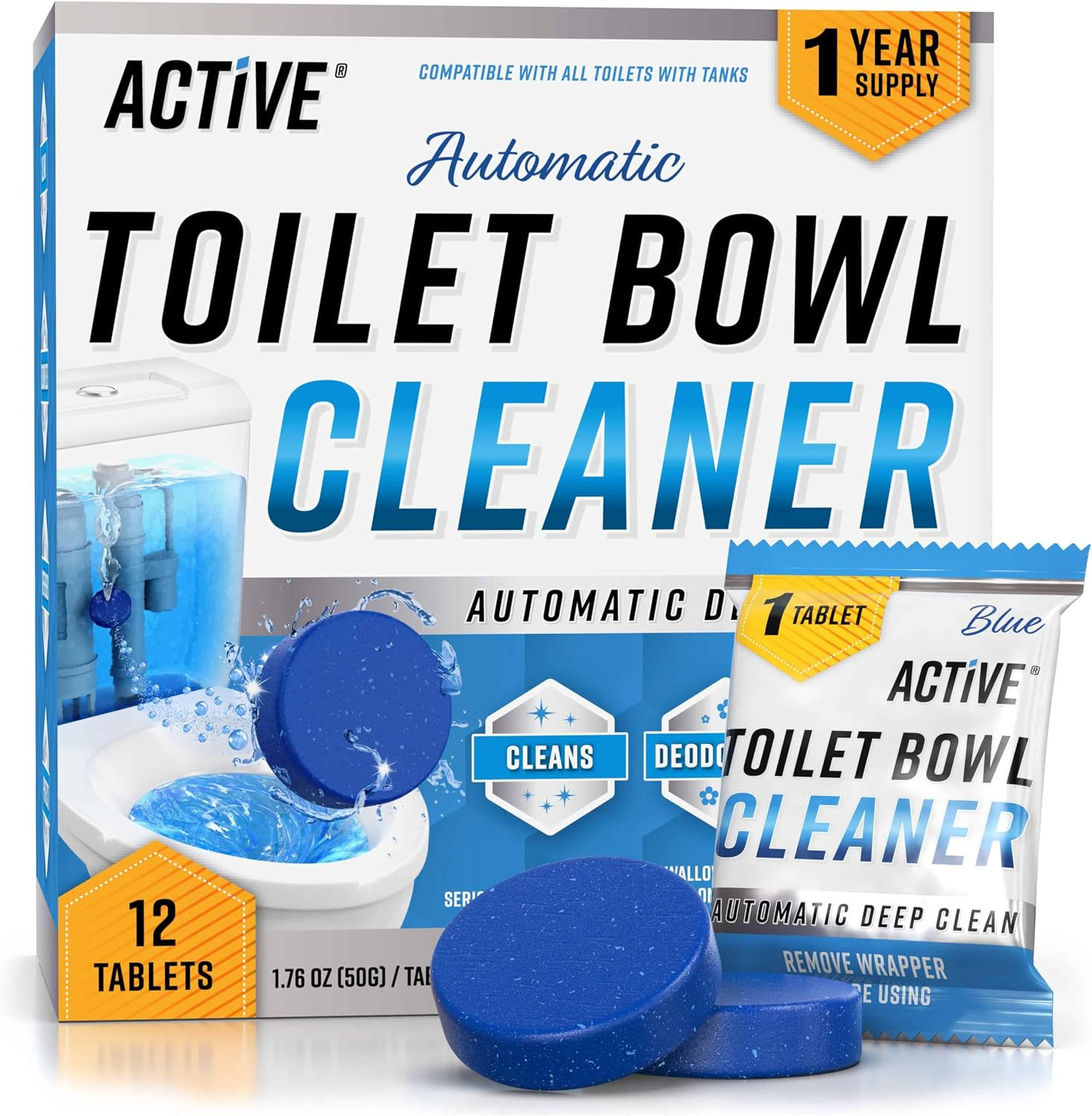 ACTIVE Automatic Toilet Bowl Cleaner Tablets Blue Gel Toilet Tank Cleaners, Septic-Safe Hard Water Ring Stain Remover, Smell Eliminator Heavy Duty Toilet Cleaning & Deodorizer, Fresh Scent - 12 Tabs | Amazon (US)