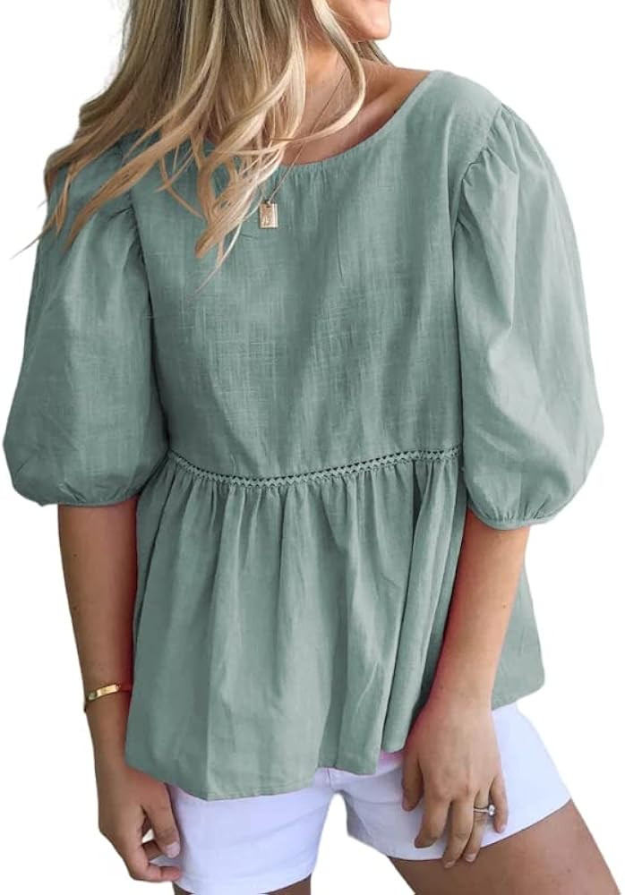 Womens Summer Peplum Tops Loose Casual Tunic 2023 Balloon Sleeve Blouses Crew Neck Cute Shirts | Amazon (US)