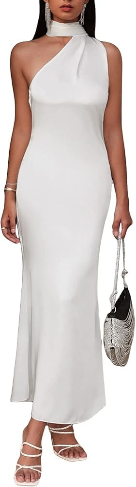 WDIRARA Women's Asymmetrical Halter Neck Sleeveless Cocktail Party Satin Dress | Amazon (US)