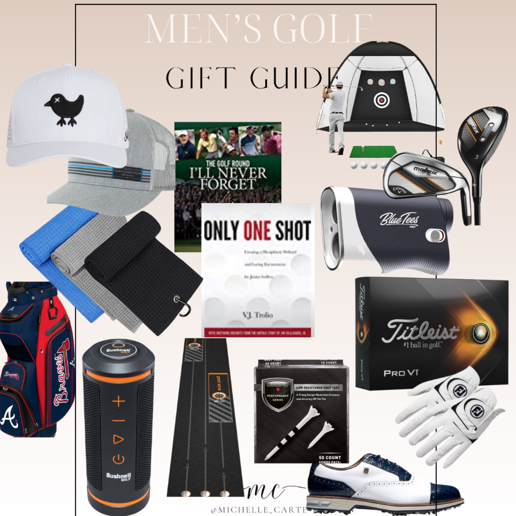 For the golfer in your life. Speaker that attaches magnetically with a remote and gps, golf bag to support their favorite team, range finder, two pack golf gloves, towels, tees, the best golf balls, putting practice for office, golf net for the basement or outdoors. Comes with a travel bag to bring along on vacations and store easily. Books to read for all the great golfers best shots and one to help with your new golfer to encourage them the right way! Items for the beginner golfer or more advanced golfer. Stocking stuffers and gifts for under the tree. . 

#LTKmens #LTKHoliday