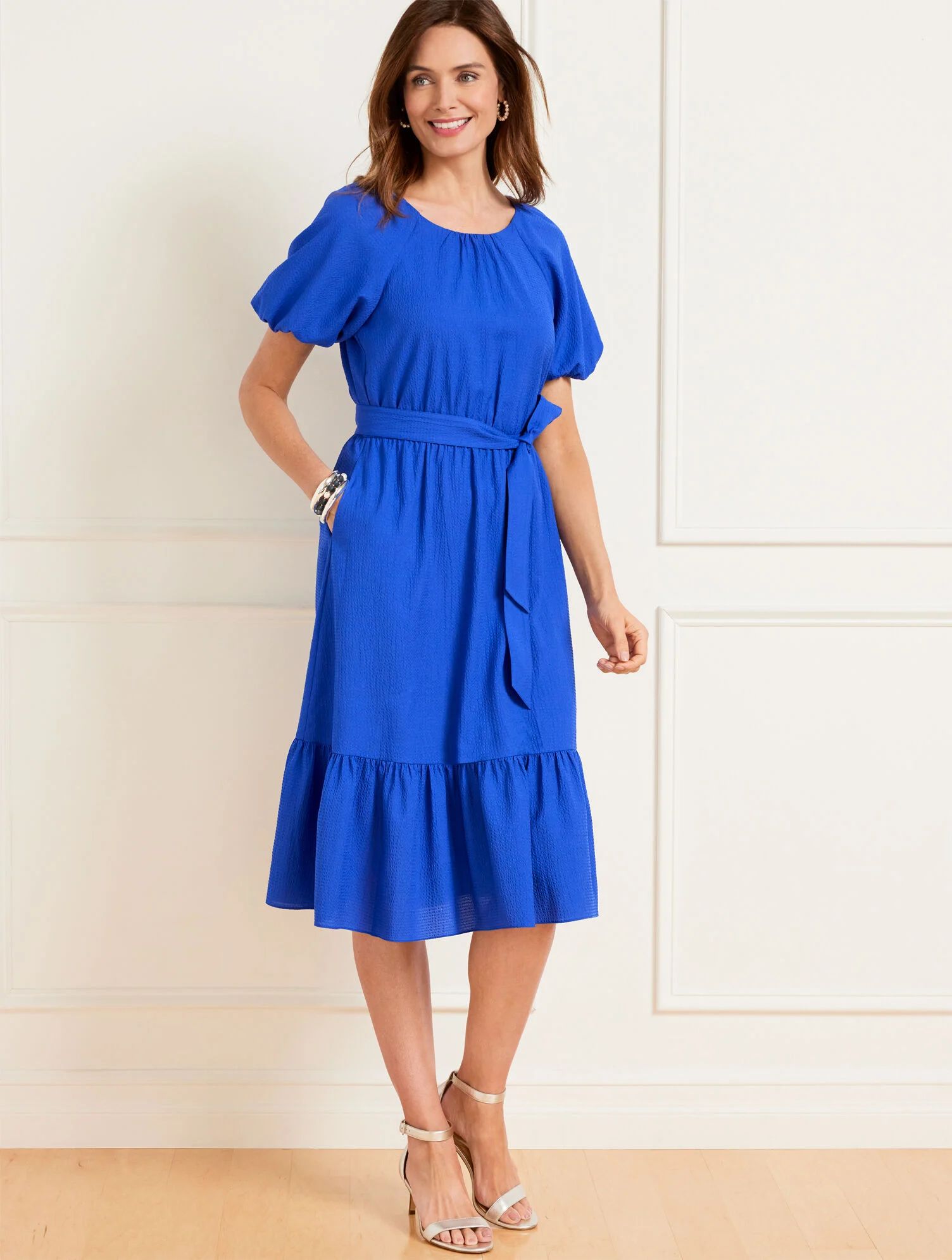 Puff Sleeve Seersucker Fit & Flare Dress | Talbots