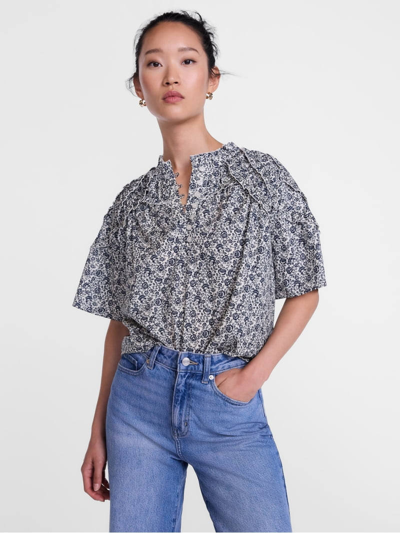 Scenario Women's Gathered Cotton Voile Top with Short Sleeves, Size XS-XXXL | Walmart (US)