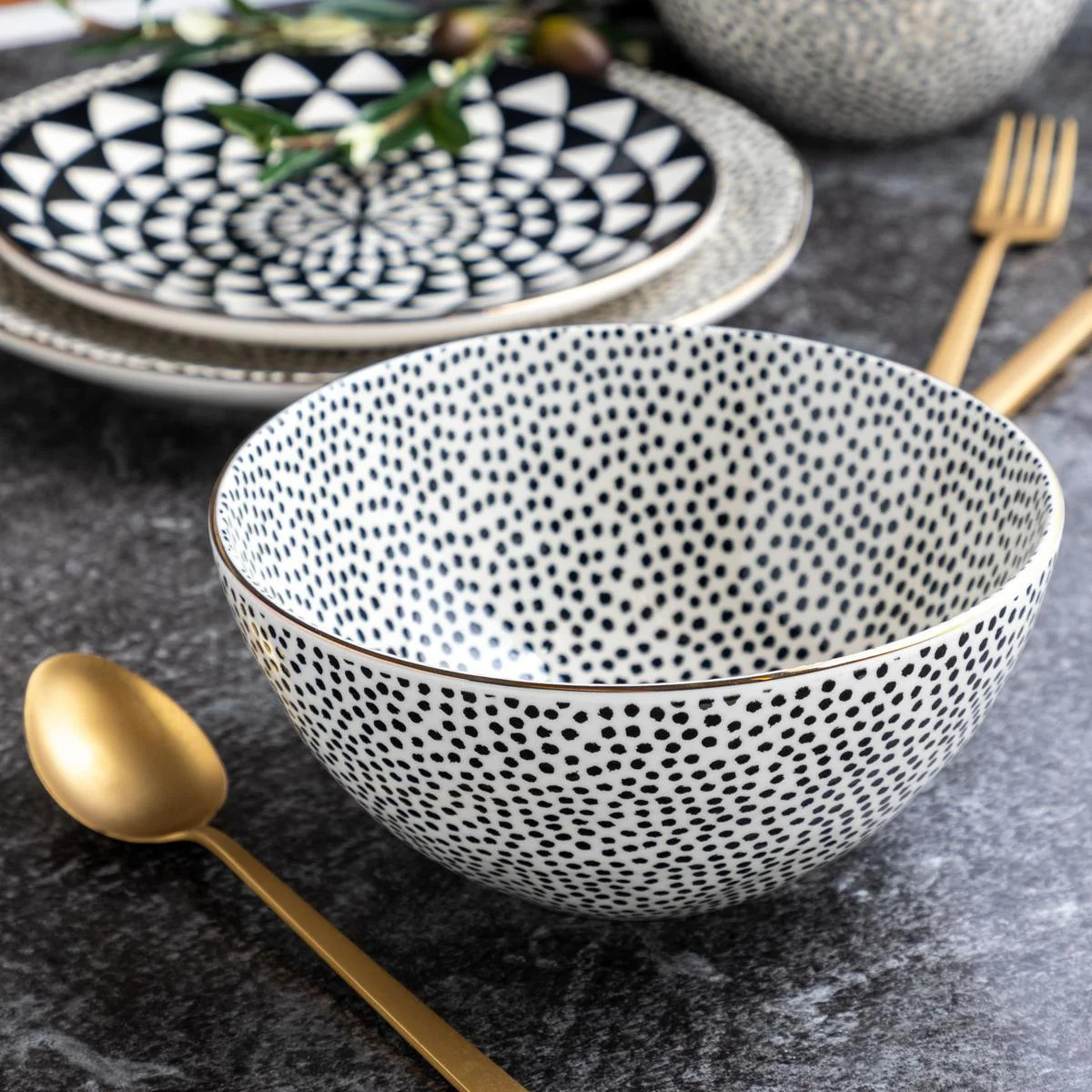 Thyme & Table Dinnerware Black & White Dot Stoneware Round Bowl | Walmart (US)