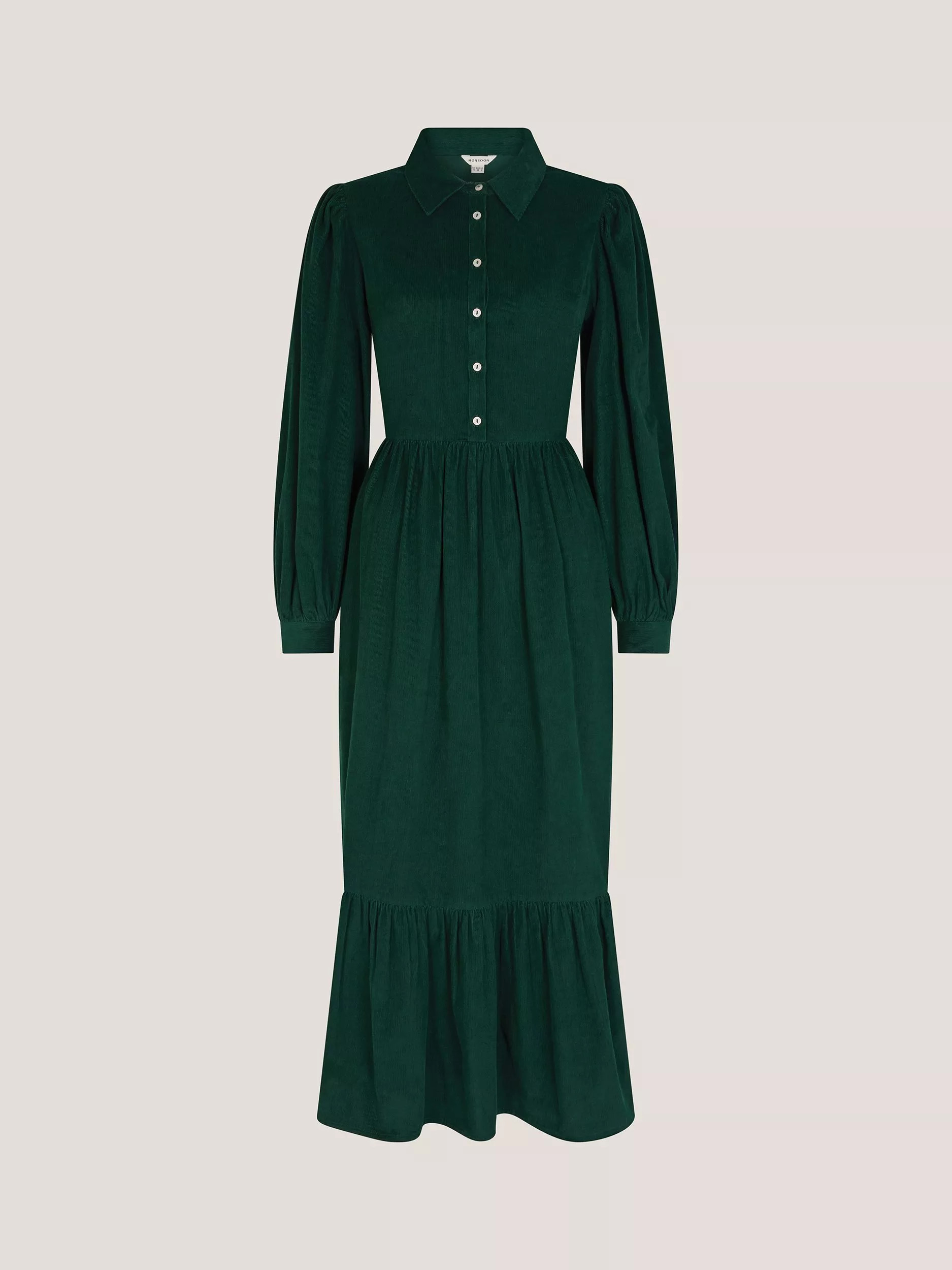 Monsoon Adriana Corduroy Midi Shirt Dress, Green | John Lewis (UK)