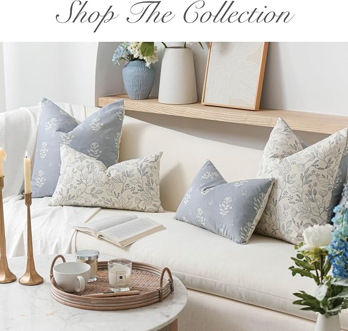 Floral Decorative Throw Pillow Cover 18x18 Set of 2, Farmhouse Coastal Blue Cotton Accent Throw P... | Amazon (US)