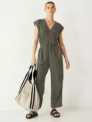 hush Wrap V-Neck Linen Blend Jumpsuit, Vetiver | John Lewis (UK)