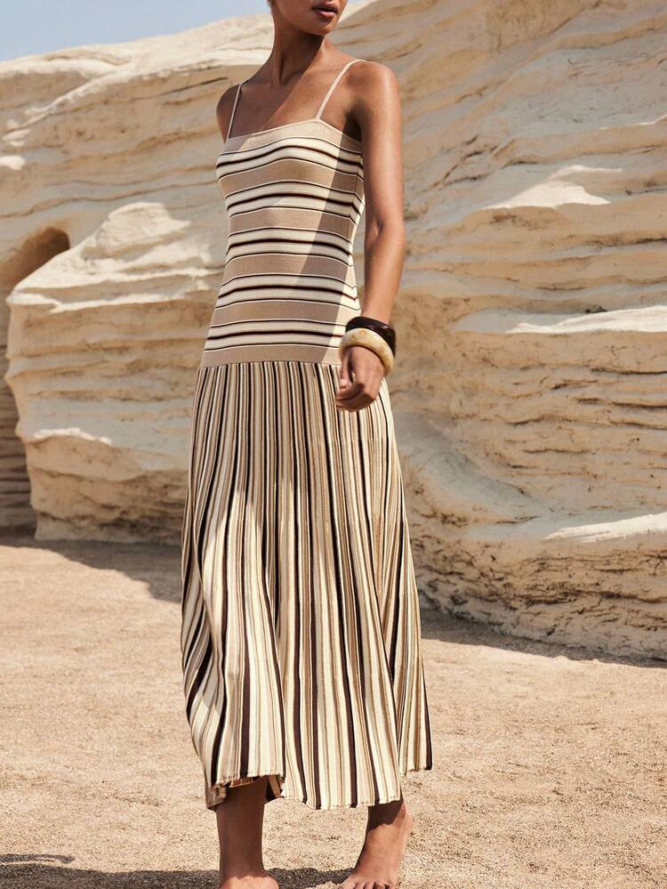 Maija Women's Casual Striped Sleeveless Knit Dress For Vacation,Brown Dress ,Summer Dresses,Vacation Dress,Summer Outfits ,Festival Outfits ,Beach Outfit For Women,Holiday Outfits For Women | SHEIN