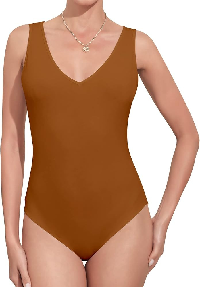 MANGDIUP Bodysuit for Women V-Neck Scoop Neck Sleeveless Soft Comfortable Basic Tank Tops | Amazon (US)