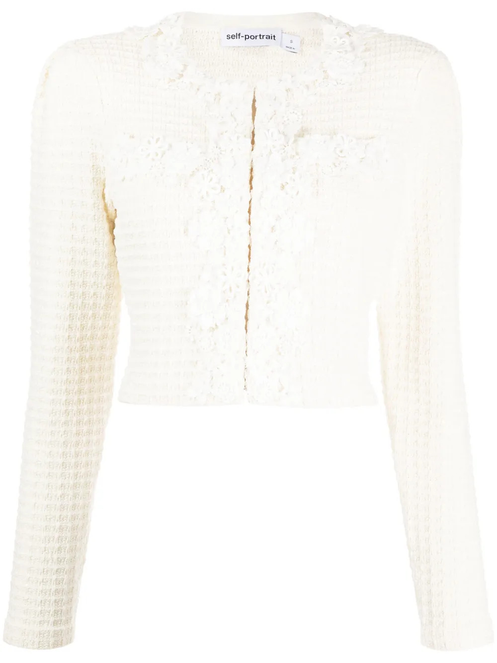 Self-Portrait floral-trim waffle-knit Cardigan - Farfetch | Farfetch Global