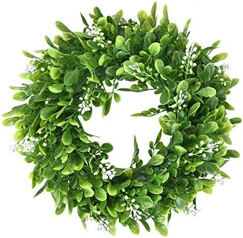 Sunm boutique 11.8In Artificial Green Leaves Wreath, Boxwood Wreath Outdoor Green Wreath for Home... | Amazon (US)
